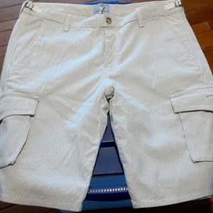 Mens 7 allmankind cargo shorts, cream and blue pine strips, size 36